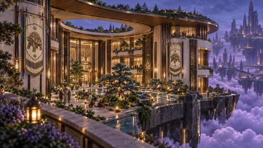 Warm galleries surround a garden of care and quiet water above Auralith.