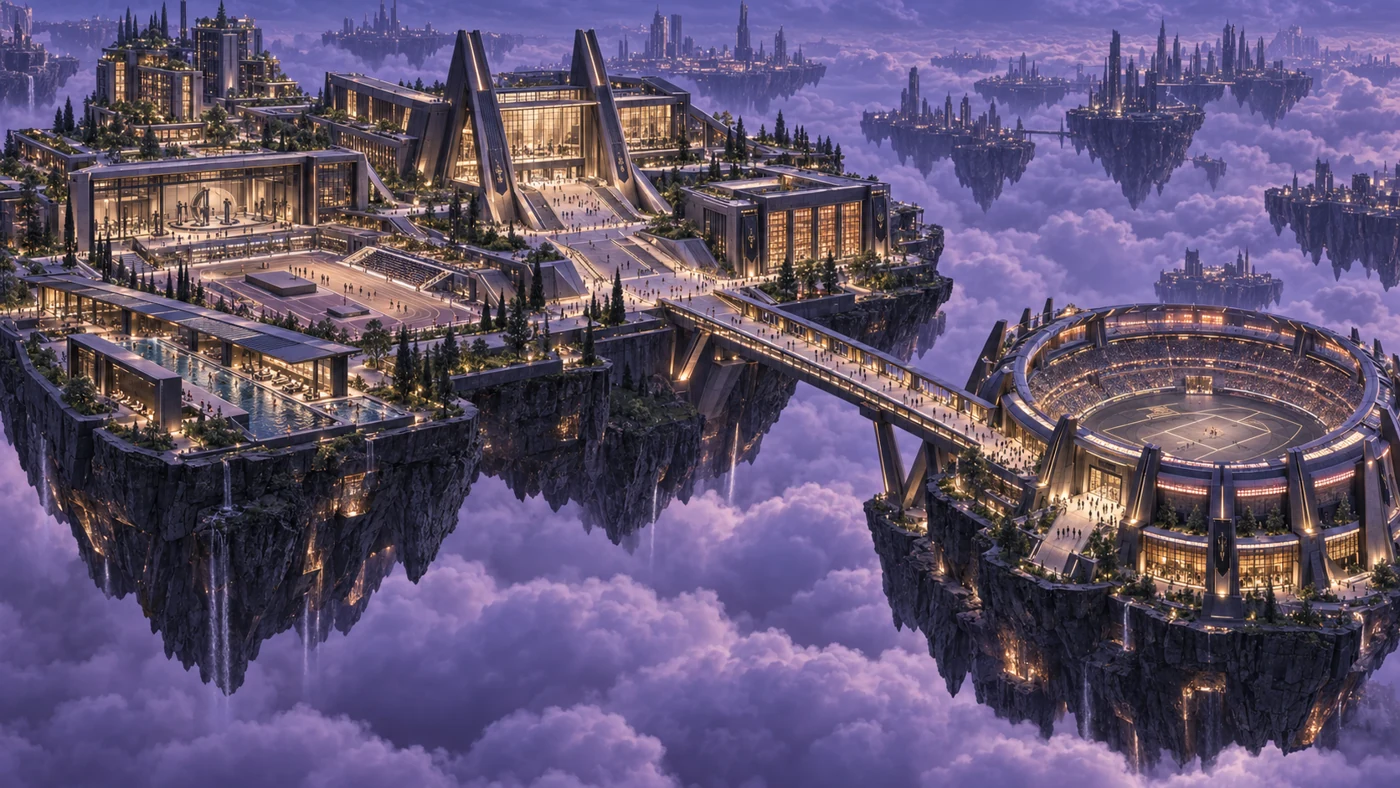 Draukhen’s stepped campus rises beside the Arena of the Pulse. A broad elevated avenue joins the academic platform to the lower arena platform.