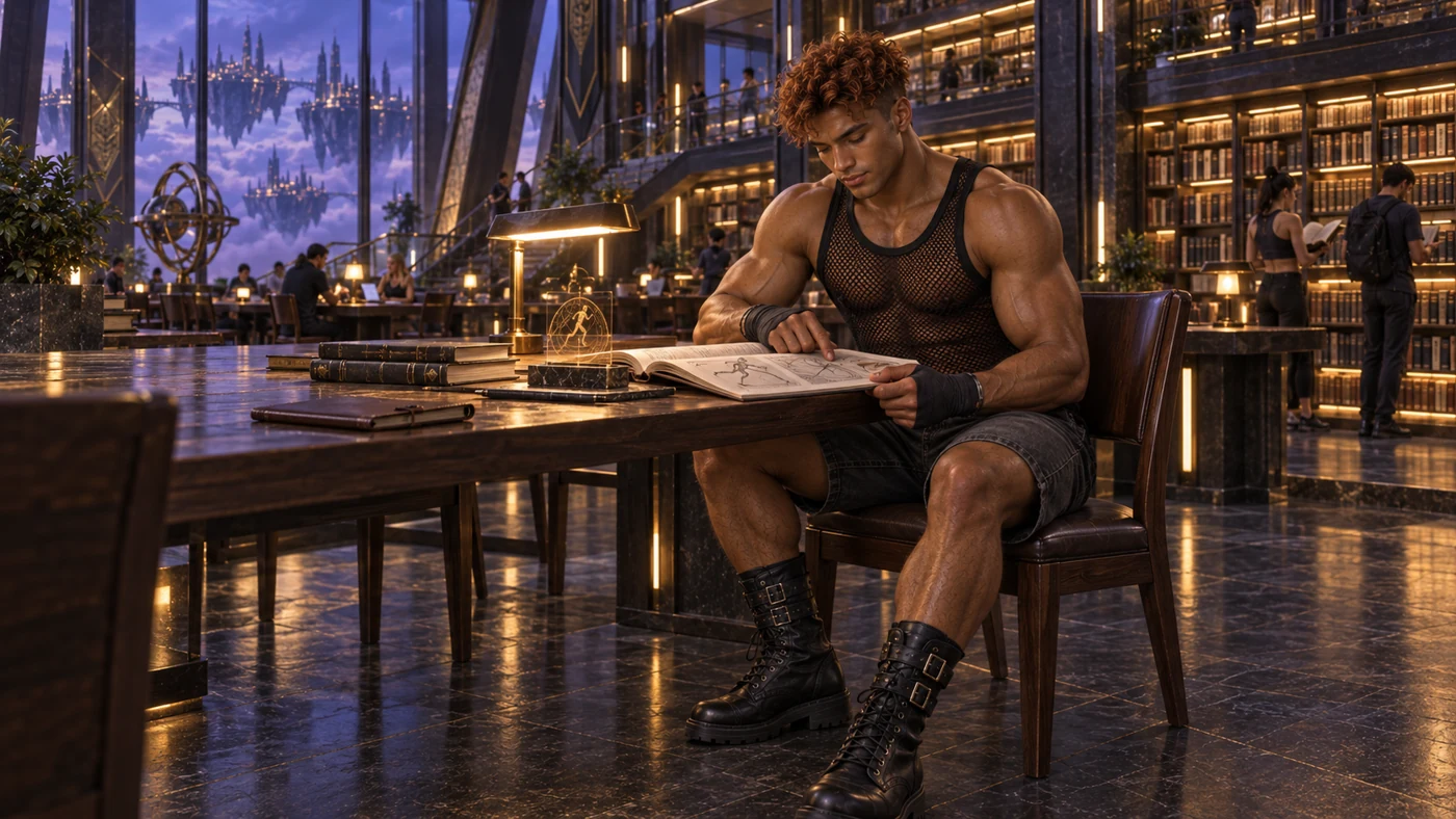 At a library table, Tairen studies recorded movement and technique. Books and diagrams give the campus a quieter form of discipline.