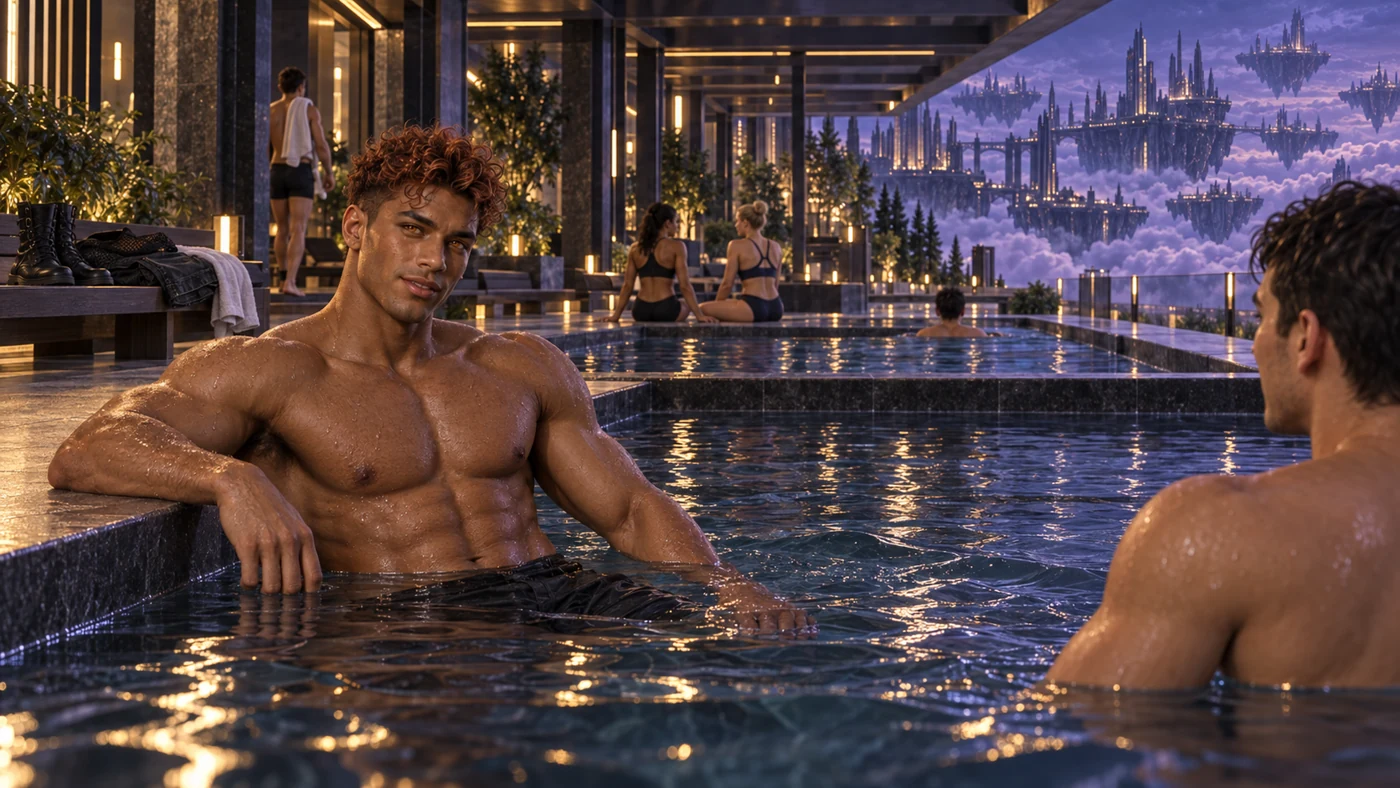 Tairen rests in the training pools and talks with a fellow student. He wears opaque black athletic swim shorts; his everyday clothes remain on the dry bench.