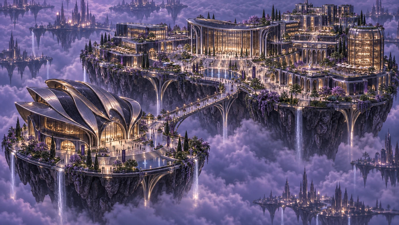 Lyraveth’s curved academic buildings and suspended gardens share an elevated promenade with the Theatre of Resonances on its own lower platform.