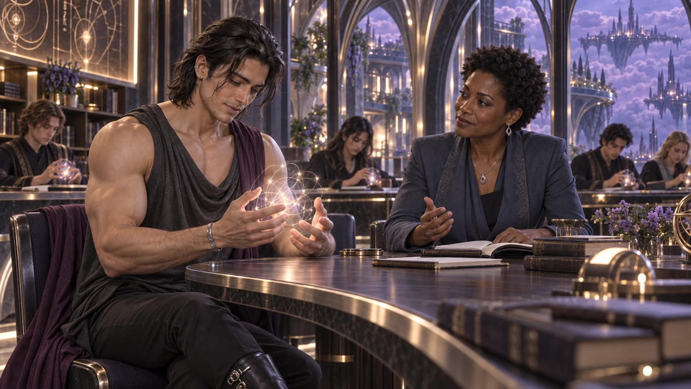 A teacher guides Lioren through a small manifestation of light. Around them, students study the relationship between feeling, intention and magic.