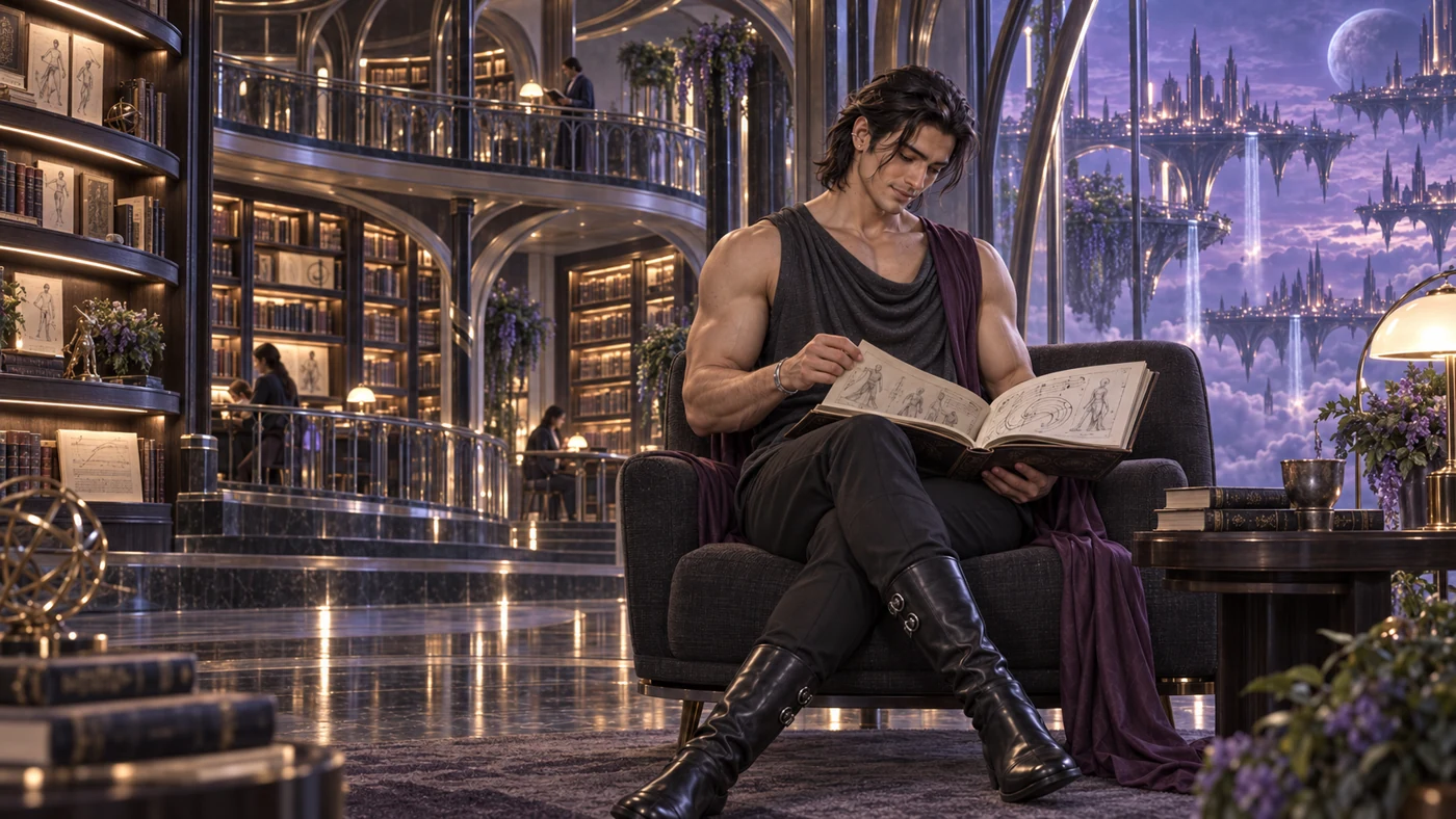 Lioren reads an illustrated treatise beside a curved window. Books, compositions and records of magical experience fill the surrounding galleries.