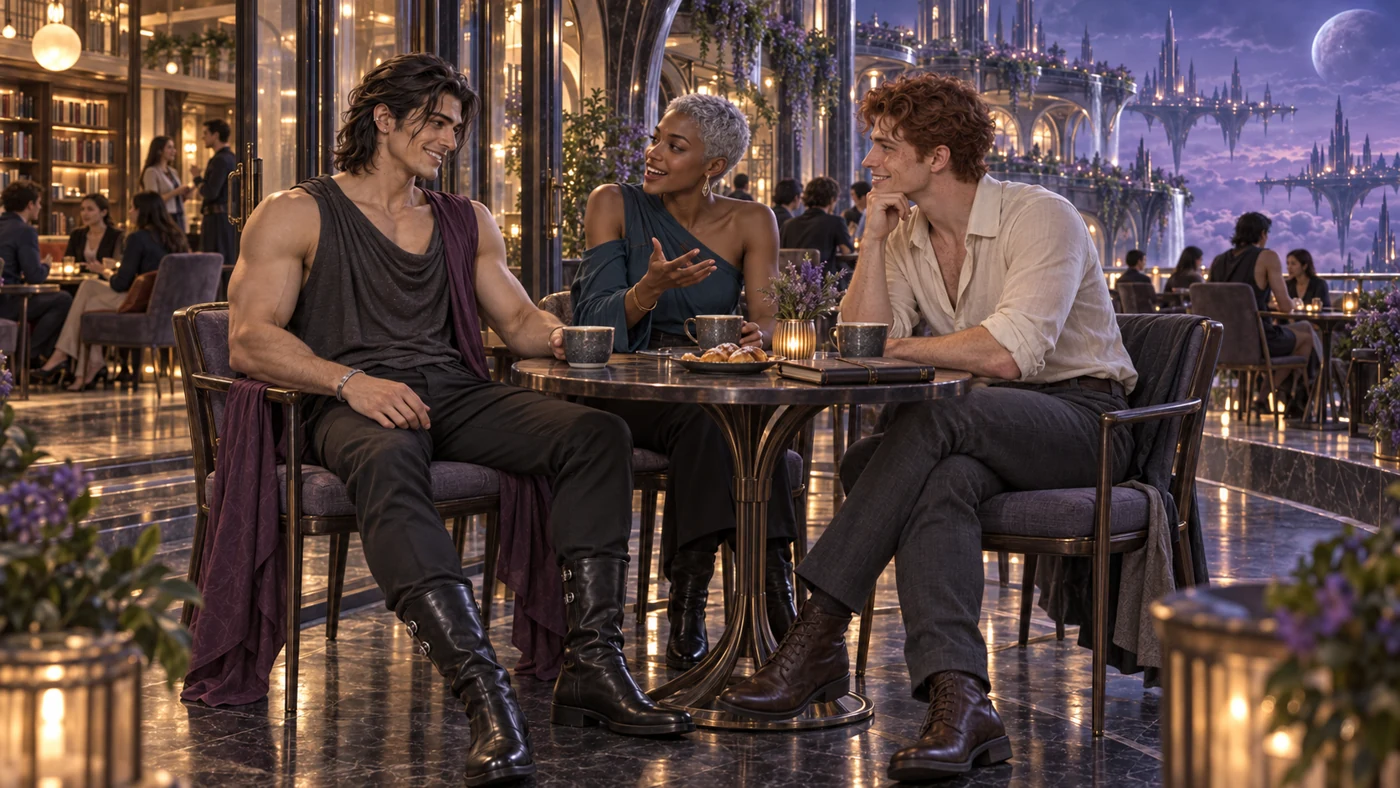 Lioren shares coffee and laughter with two fellow students. Cafés and shared rooms connect everyday friendship with the life of the university.