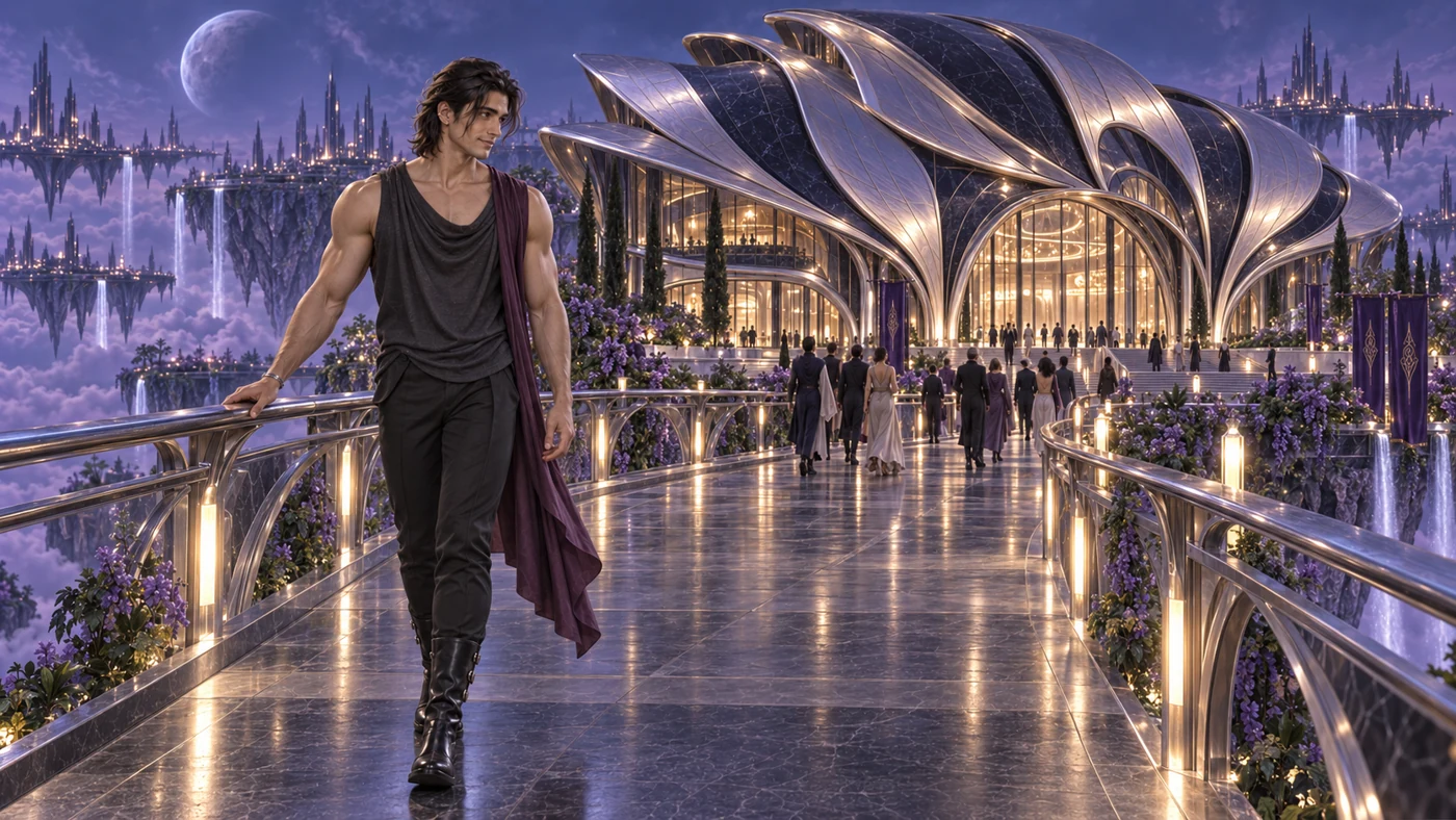 The theatre’s overlapping silver and obsidian shells rise at the end of the bridge. Lioren arrives as the audience gathers at the entrance.