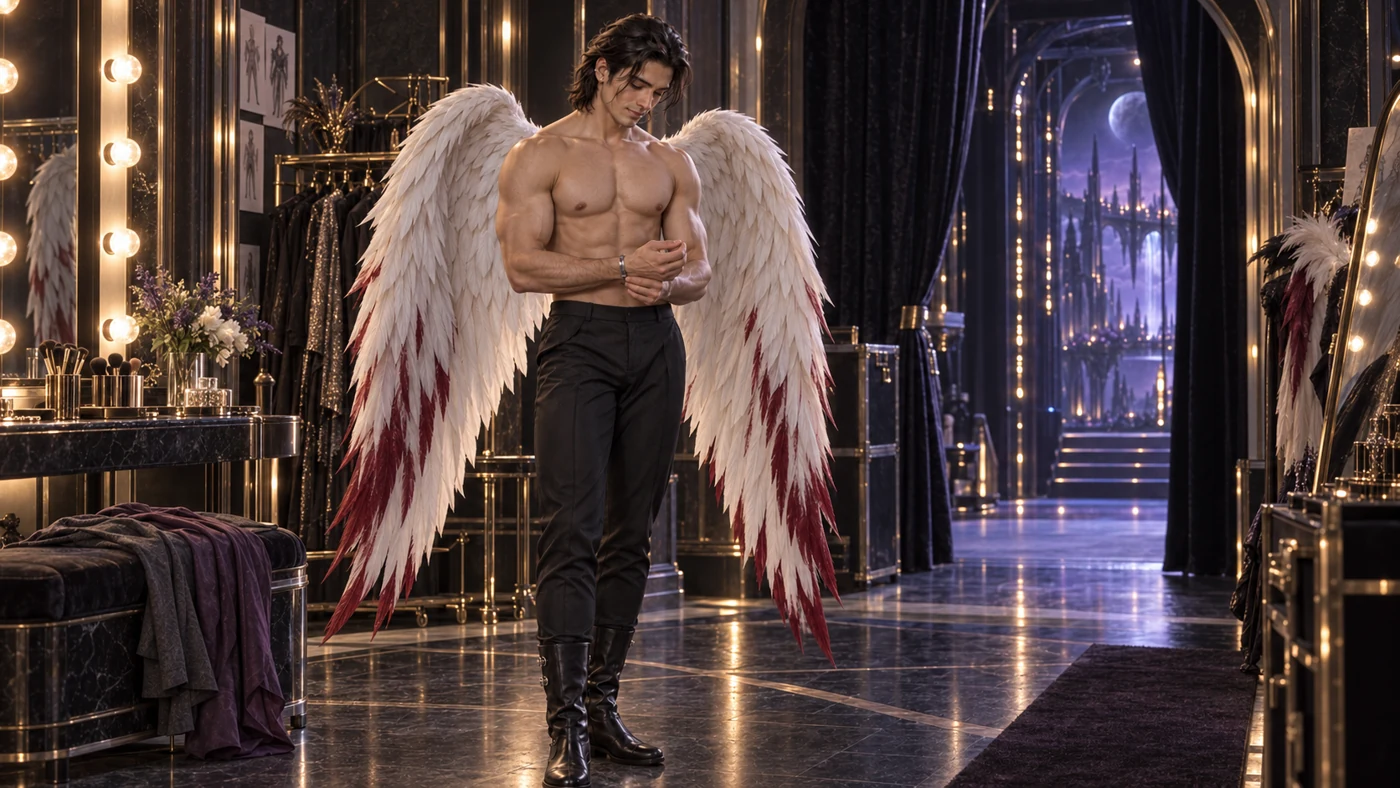 Lioren prepares to interpret pain. His stage costume combines a bare torso, tailored black trousers, tall boots and great white feathered wings with crimson-tipped feathers.