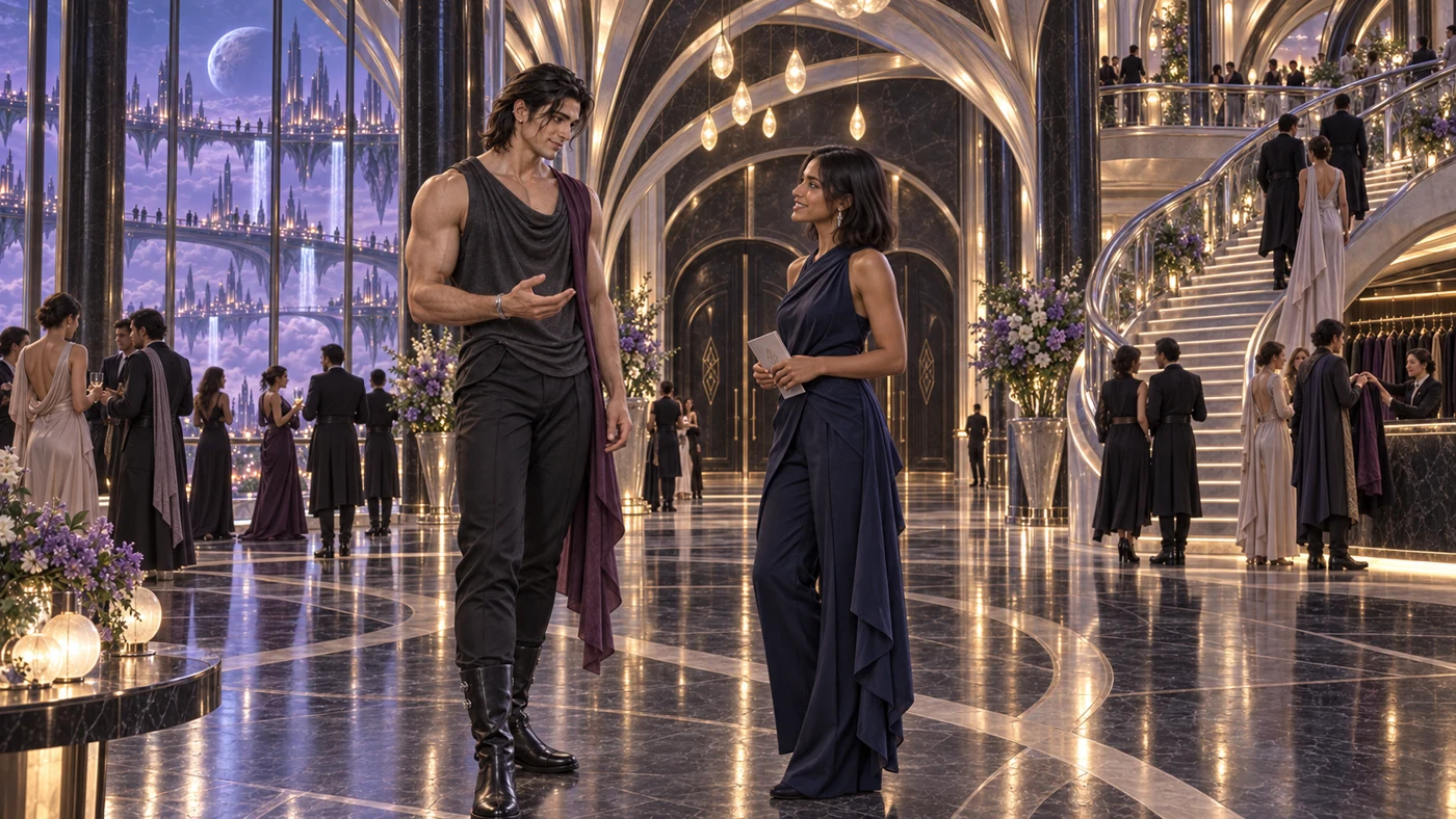 Lioren greets a fellow student beneath the sweeping foyer structure. Curved stairs and balconies carry guests towards the hall.