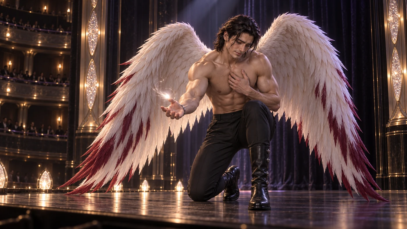Kneeling with his wings open, Lioren interprets pain through a gesture of care. One hand rests against his chest; the other reaches towards a small pearl light.
