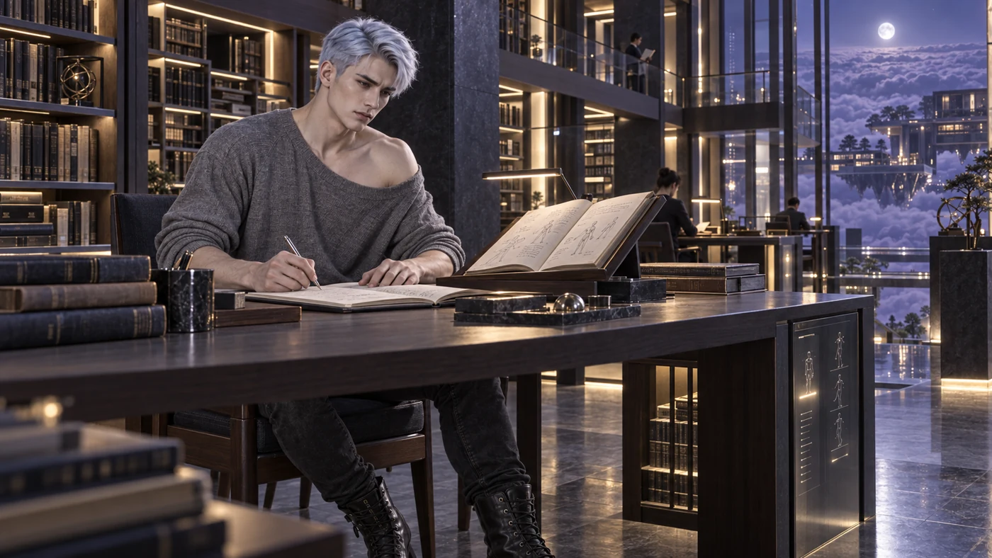 Eryven compares his notes with an illustrated practice volume. Warm reading lights and glass galleries create a quiet place to reflect on what he has learned.