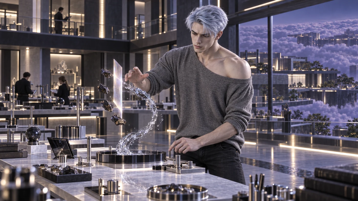 Back in his loose jersey, Eryven coordinates a ribbon of water, suspended minerals and a thin field of light. Research instruments support the practice of several processes at once.