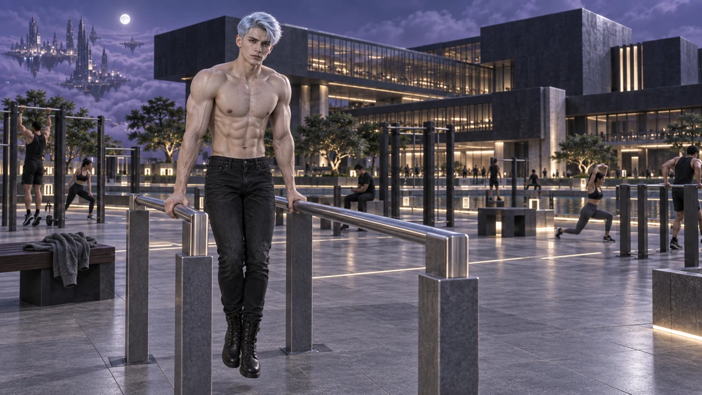 Eryven supports his body between parallel bars, his jersey resting nearby. Strength and controlled movement become part of the practice of balance.