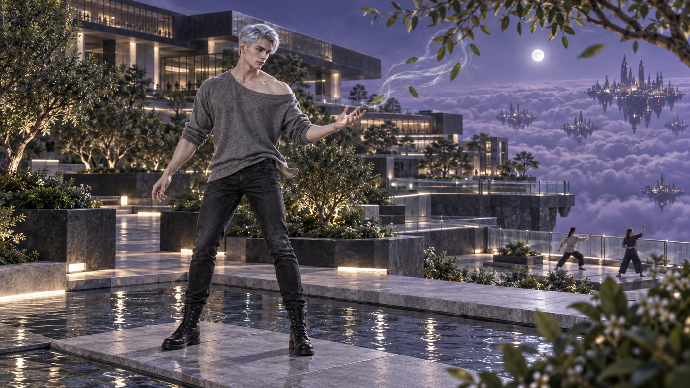 Among planted terraces and shallow channels, Eryven adjusts his posture and magic to moving air and leaves. Other students practise nearby above the violet clouds.