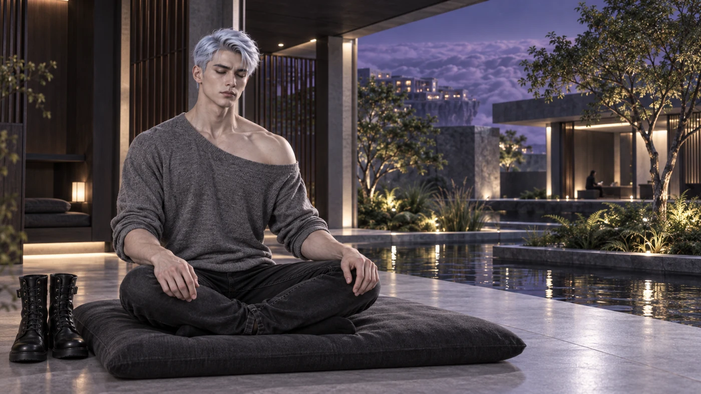 With his boots set beside the cushion, Eryven settles into seated meditation. Breath and awareness find room beside sheltered water and gardens.