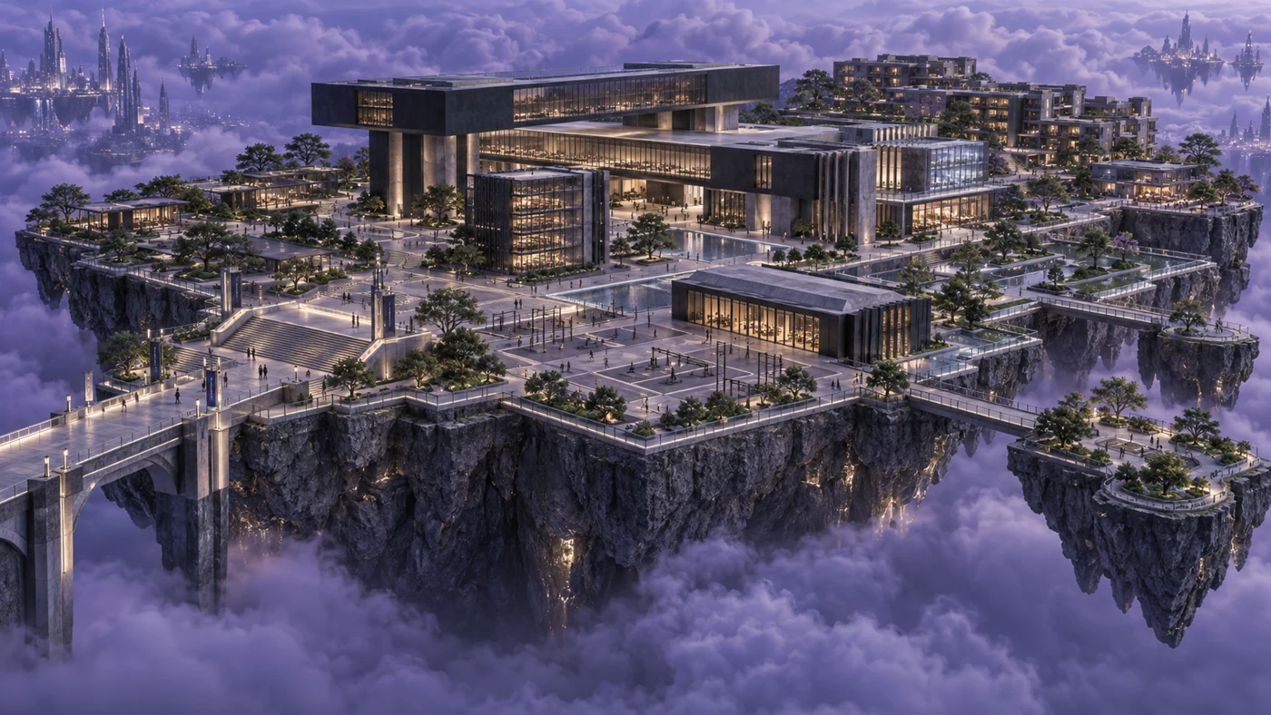Two great horizontal obsidian volumes frame a campus of teaching halls, quiet pavilions, training courts and gardens. Stepped mineral terraces hold the university above the Violet Crown.