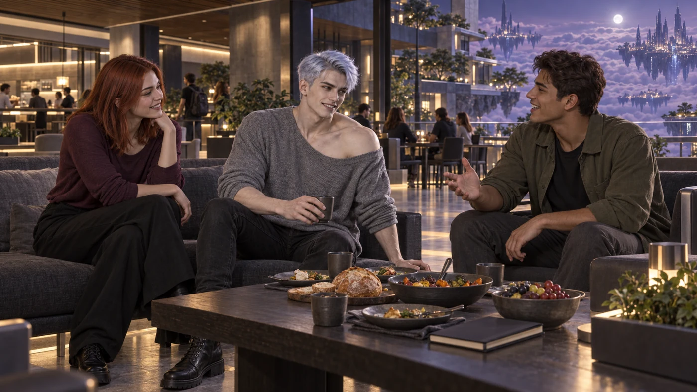Eryven shares food, conversation and a relaxed smile with two fellow students. The Commons opens towards the terraces and cloud-filled evening.