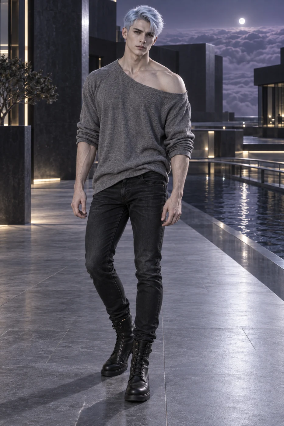 An adult Saelthir student with pale ivory skin, deep black eyes and straight ice-blue hair. A loose smoke-grey jersey, washed black jeans and combat boots accompany his lean athletic build.