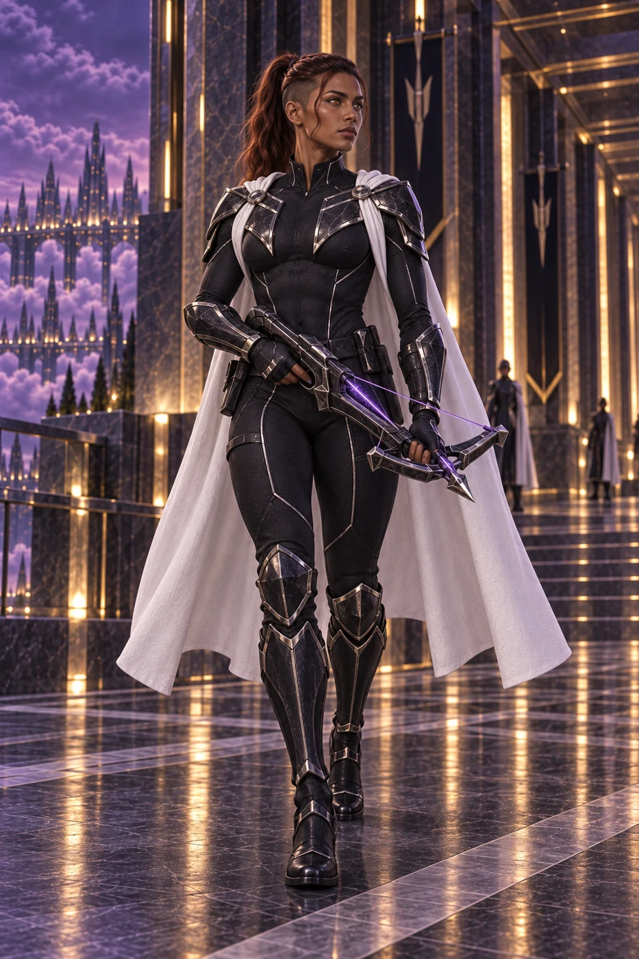 A lean, muscular patrol guard carries the modern magical crossbow characteristic of her service.