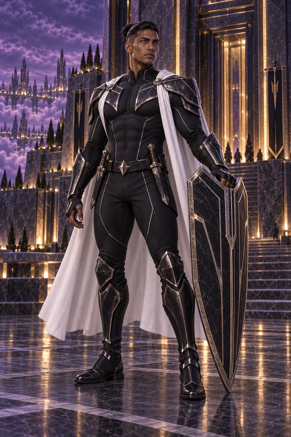 An imposing shield and two short belt daggers equip the guardian of the entrance.