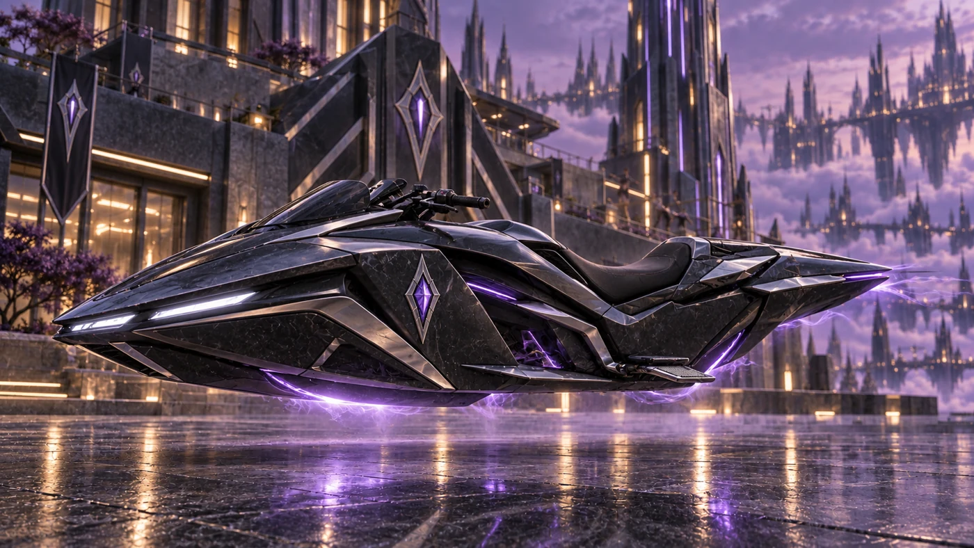 A low, slender hovercycle suspended on a restrained violet magical wake.