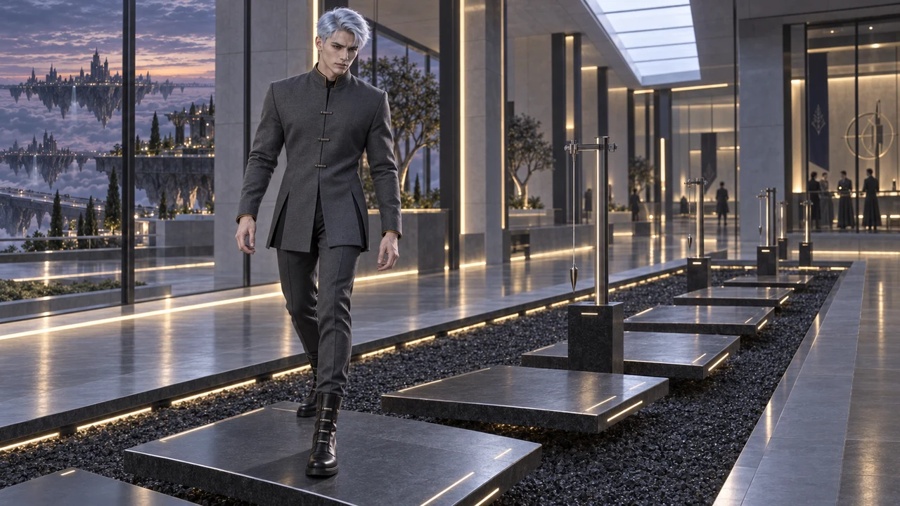 Eryven moves through the calibration plates in Saelthir formal dress. The gallery gives posture, attention and the surrounding space a place within the exercise.