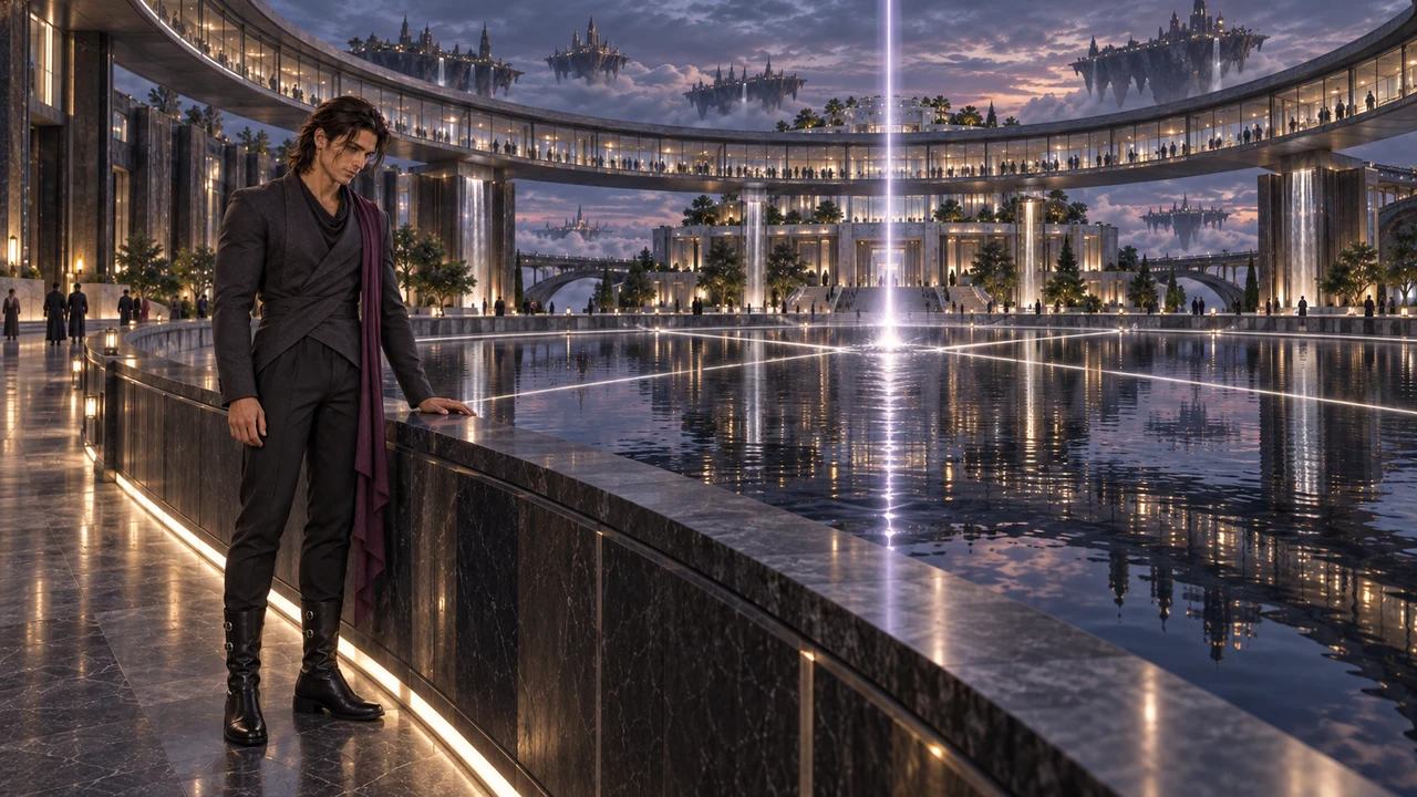 Lioren pauses beside the dark pool beneath an open sky. An elevated ring gallery connects the wings and lets visitors see the institute as a shared whole.