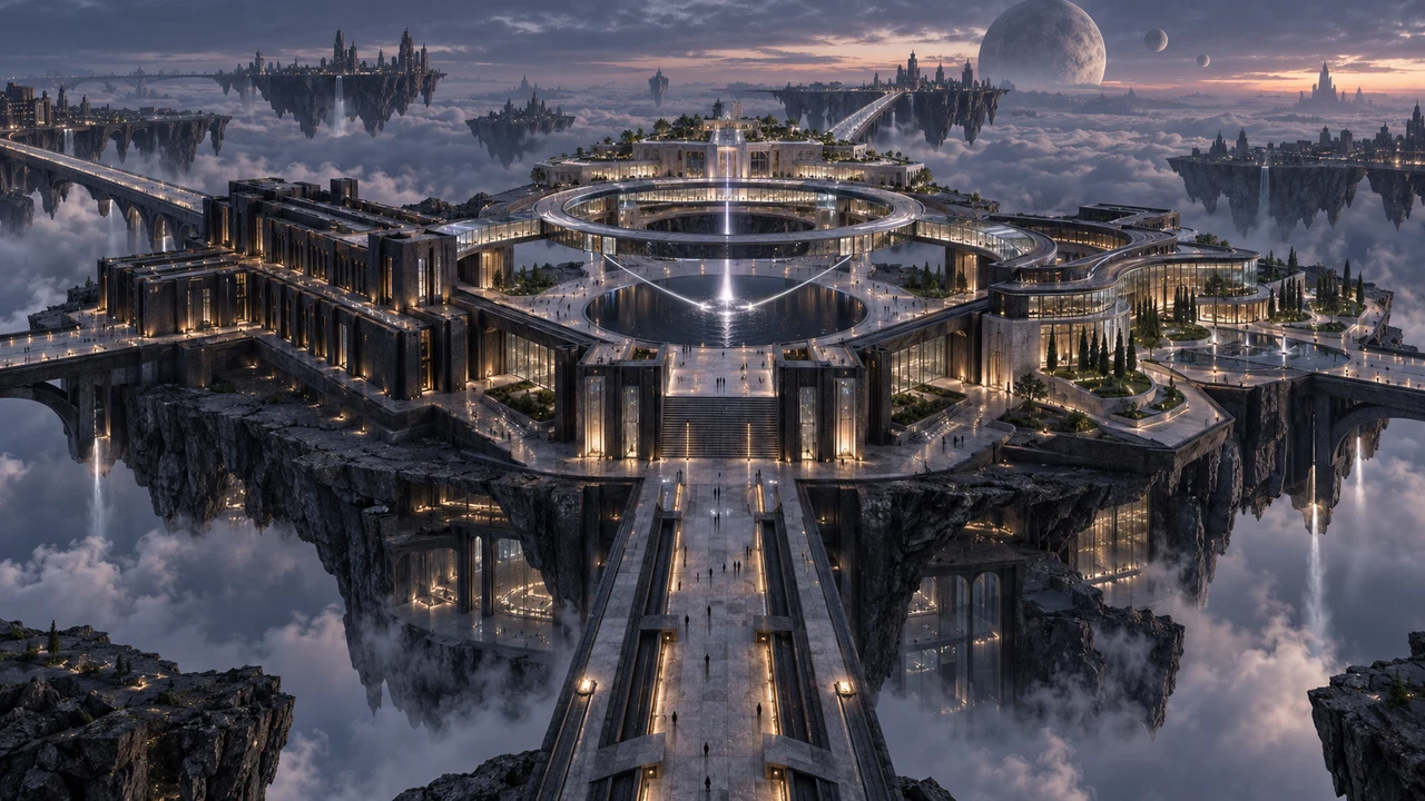 Three architectural wings gather around an open atrium above the clouds. Rectilinear dark stone, curved smoked glass and pale mineral terraces frame a shared place of research.
