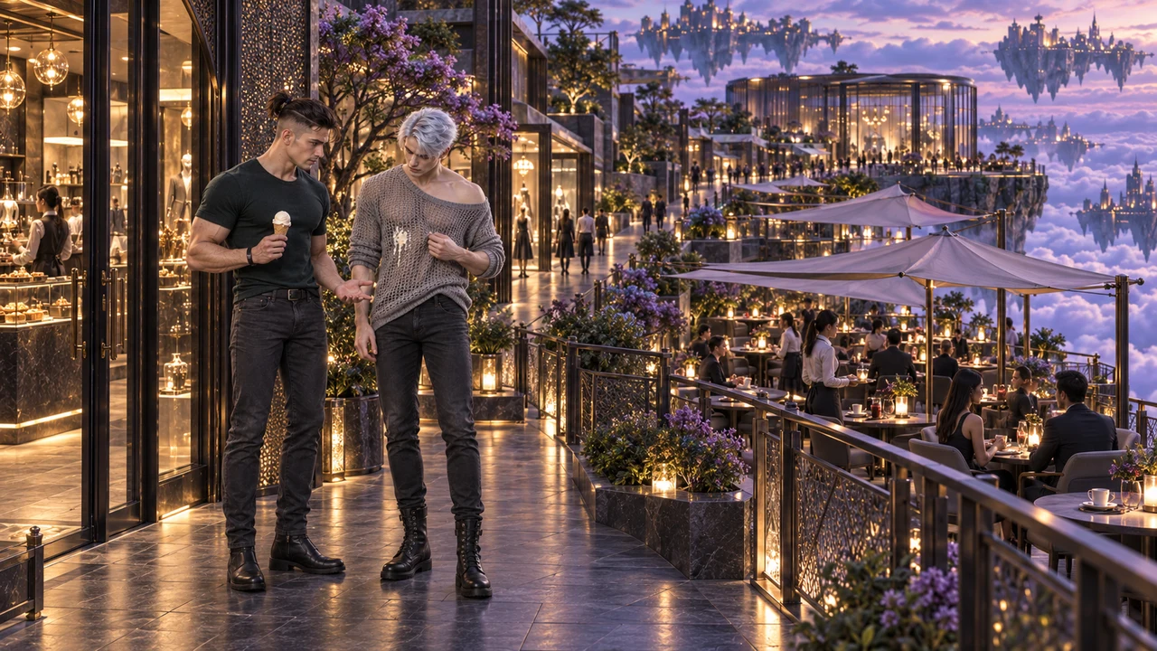 Kaelren holds an ice cream cone and gestures in apology as Eryven examines a pale stain on his grey sweater beside the dining terrace.