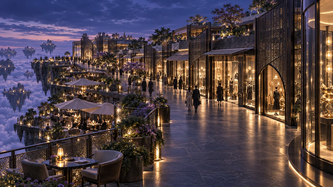 Warm shopfronts shine through the metal screens as twilight deepens. Visitors linger along the promenade while the terraces remain open to the clouds.