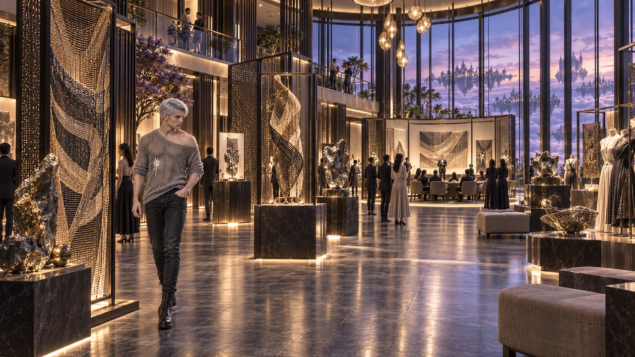 Eryven walks alone through the glazed exhibition gallery; the pale ice cream stain remains on the front of his open-knit grey sweater.