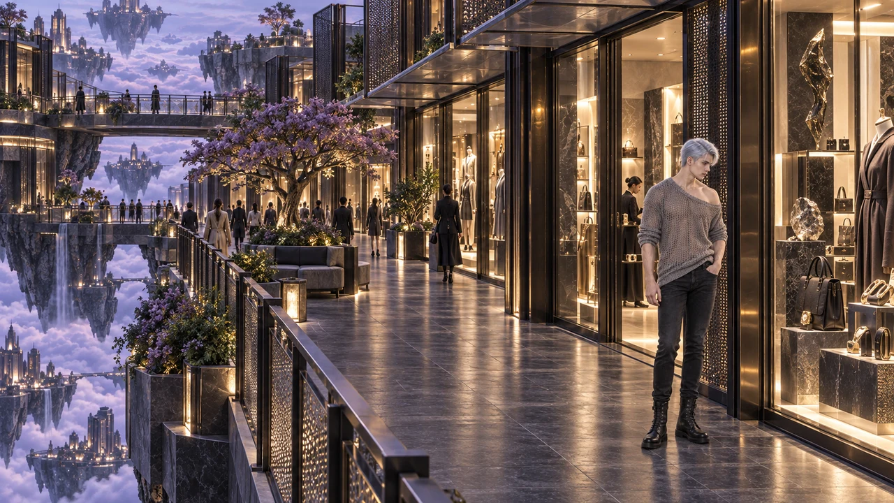 Eryven pauses beside a display along the commercial walk. Deep storefronts, warm interiors and space to linger give the promenade its everyday rhythm.