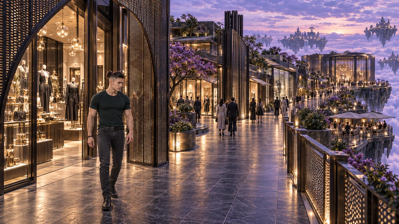 Kaelren enters the promenade alone, off duty. Tall metal screens filter the view of the shopfronts and frame the first turn into the galleries.