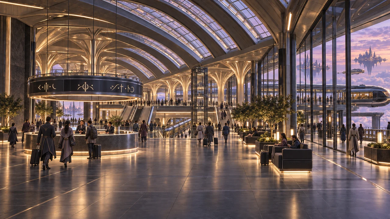 Branching columns carry the great canopy above the arrival hall. Arcane signs guide travelers between waiting places, passenger docks and the metro connections below.