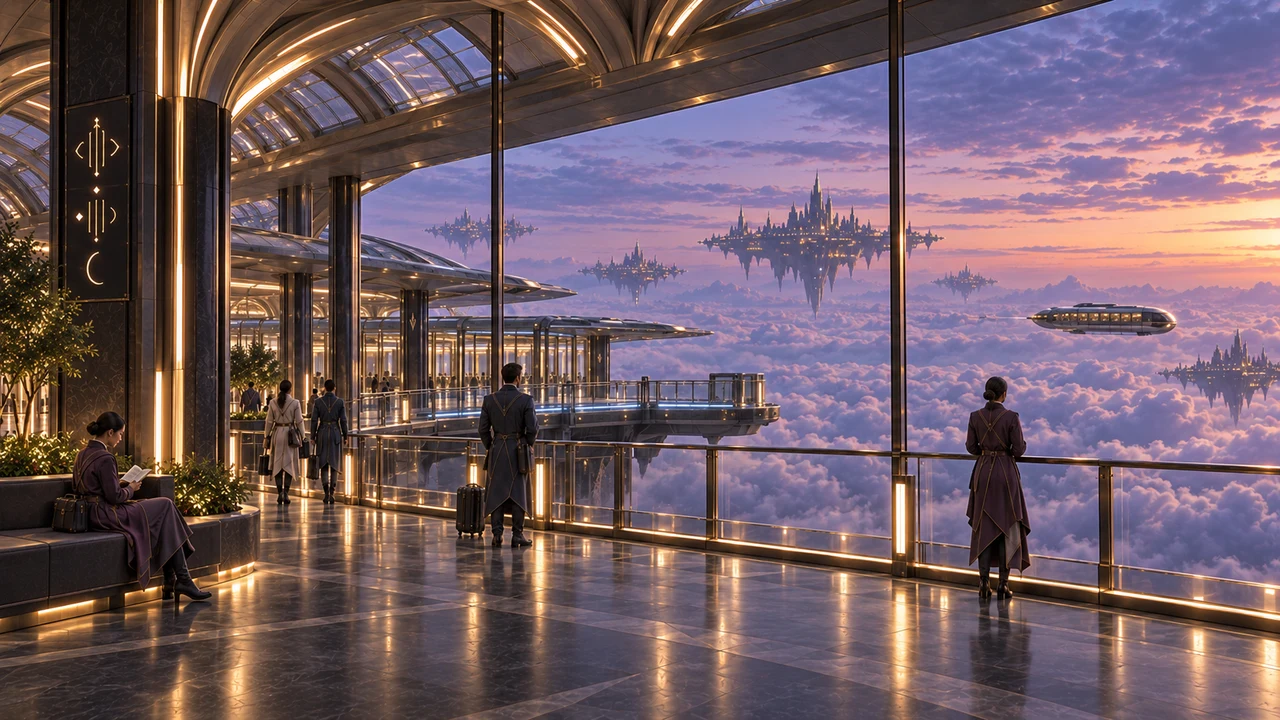 A passenger vessel moves away from the berth. From the great window, a few travelers watch it pass into the violet distance while the station continues around them.