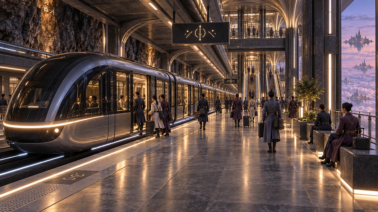 An articulated metro convoy waits beside the lower platform. Its warm windows and open doors meet travelers arriving from the concourse above.