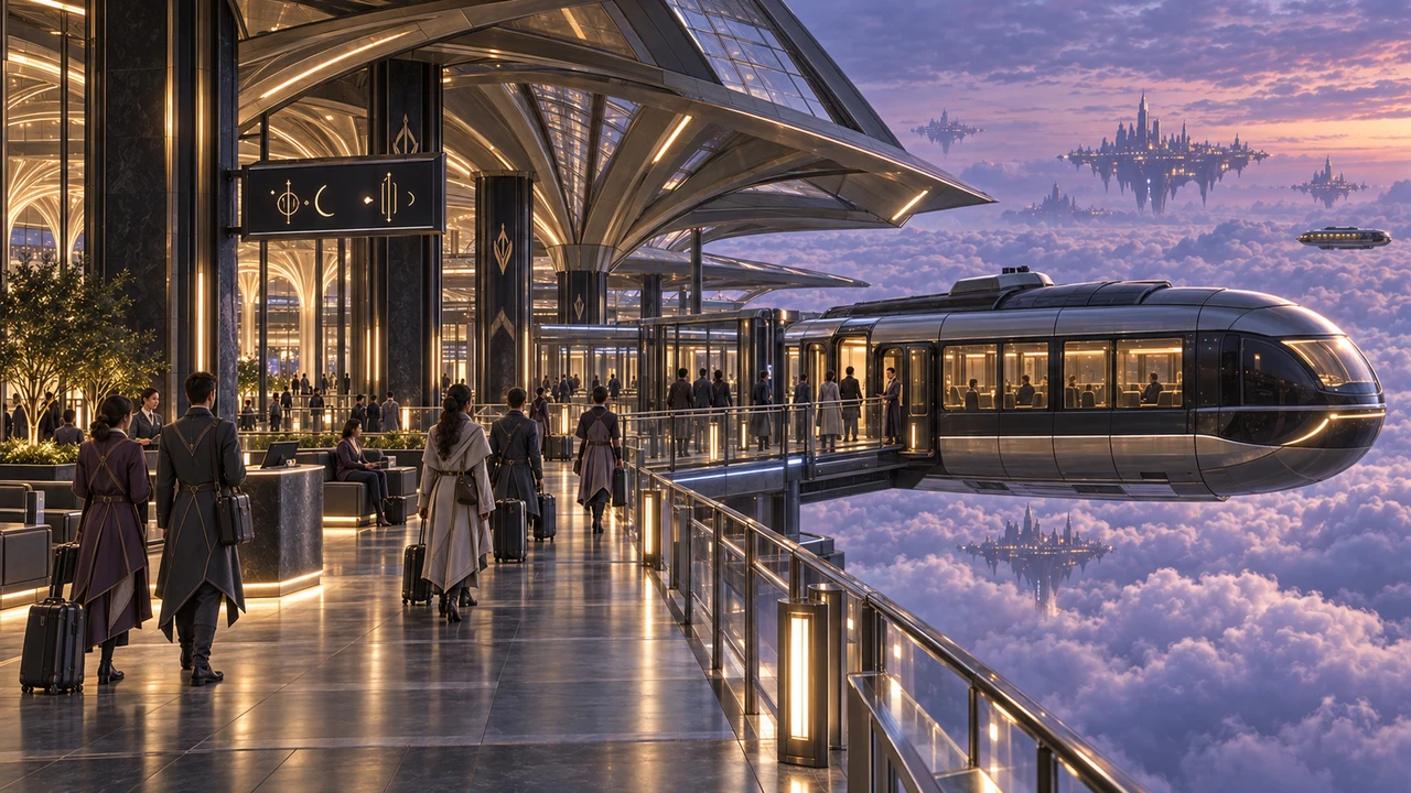 A protected boarding bridge connects the gallery to an enclosed passenger vessel. Warm cabin windows face a cloud-filled horizon beyond the edge of the station.