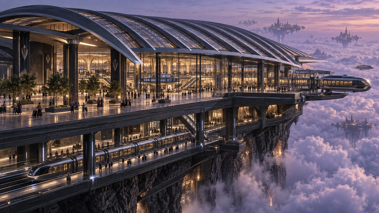 A sweeping ribbed canopy shelters the passenger concourse, exterior docks and metro interchange. The lower platforms sit within the same suspended mineral base.