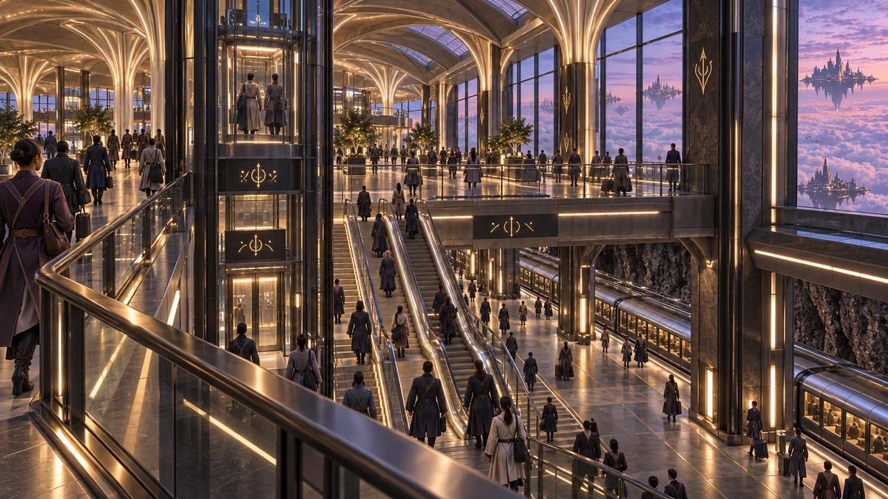 Escalators, stairs and a glazed lift connect the upper concourse with the metro level. The open vertical space makes the next stage of the journey visible.