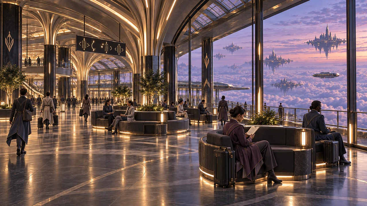 Readers, quiet conversations and travel cases fill the waiting bays. Broad windows place these small everyday pauses beside the immense cloud sea.