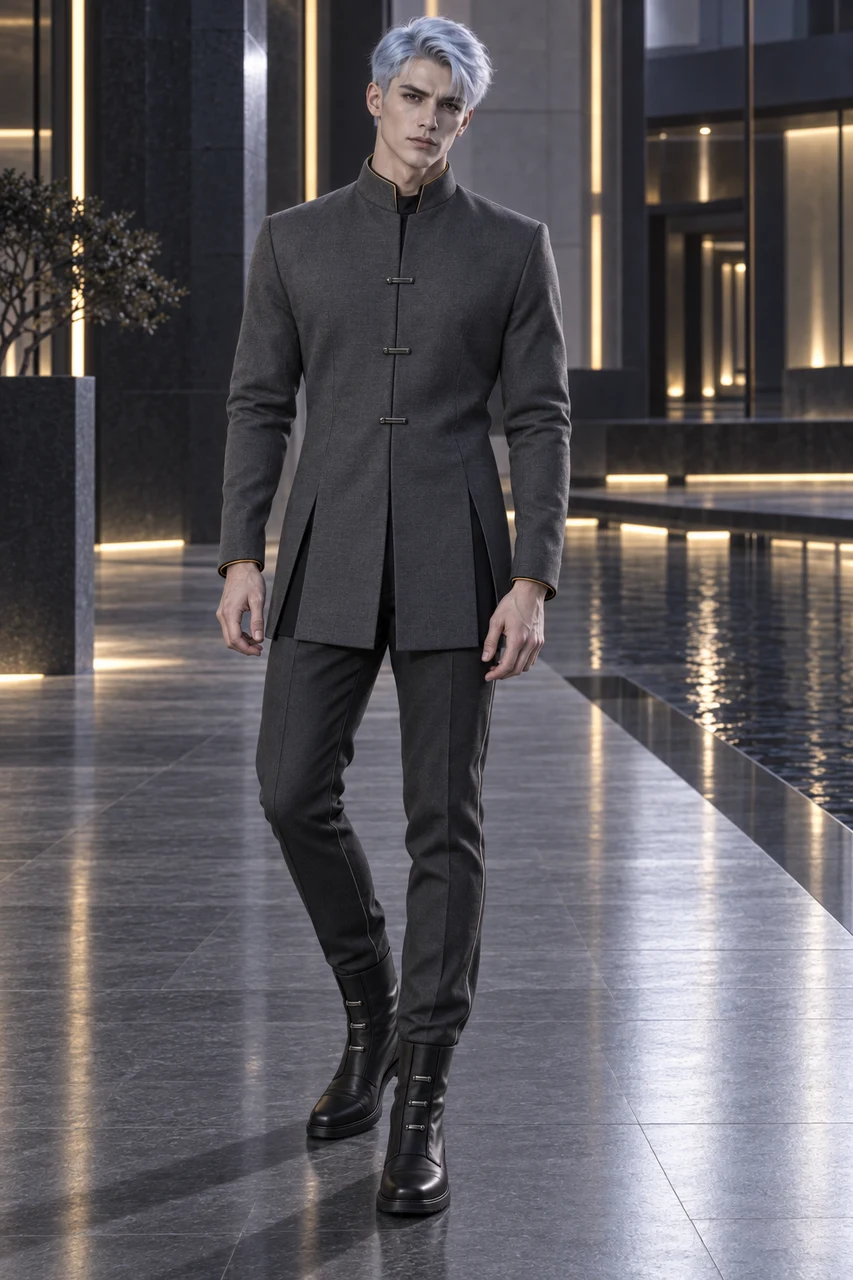Eryven Thale wears a symmetrical smoke-grey tunic, graphite trousers and smooth black boots with horizontal metal fastenings. A fine amber edge brings warmth to the measured cut.