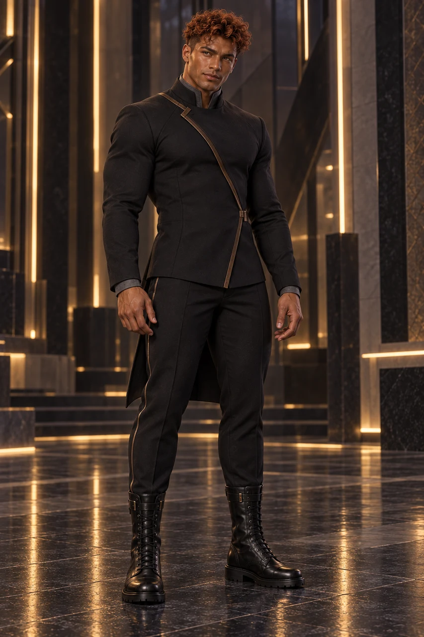 Tairen Veysk wears structured black tailoring with an asymmetric closure, a high collar and restrained bronze details. The formal ensemble accompanies his visit to the Arcane Confluence Institute.