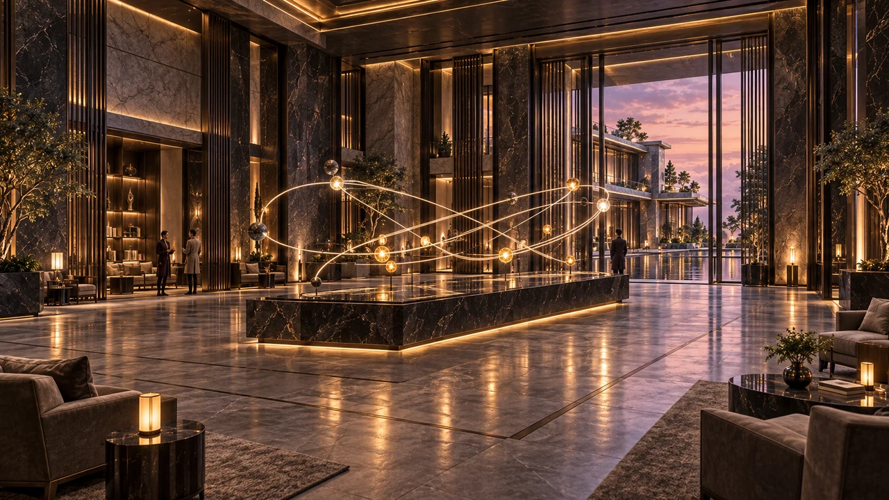 Luminous curves and suspended nodes rise above a dark plinth in the reception hall. The abstract display gives movement a sculptural presence within the house.