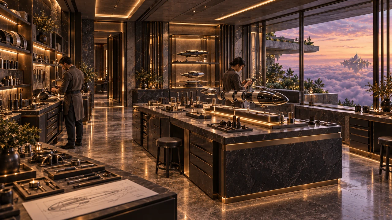 Two craftspeople work among transport models and carefully separated components. Warm task lighting and broad benches make the house’s interest in movement tangible at the scale of a workshop.