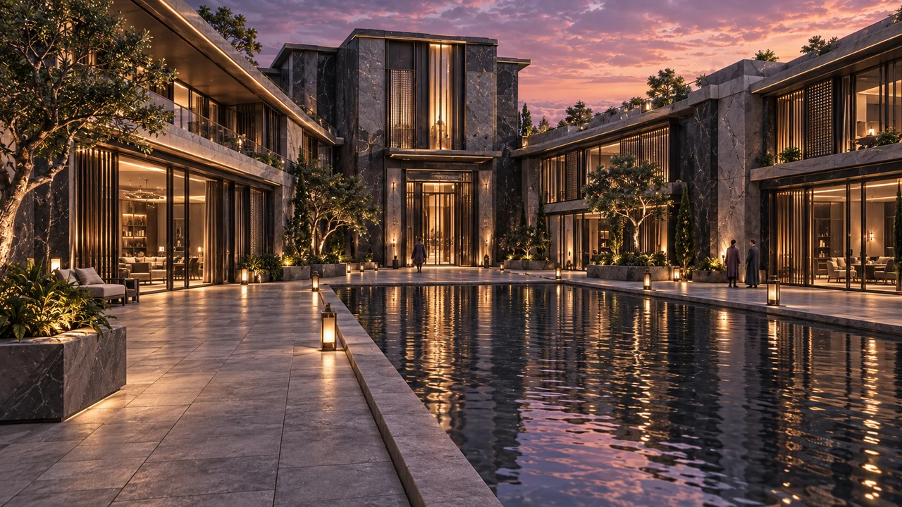 A long rectangular pool draws the reception court toward the taller central entrance. Dark veined stone, smoked glass and warm metal edges give depth to the two flanking wings.