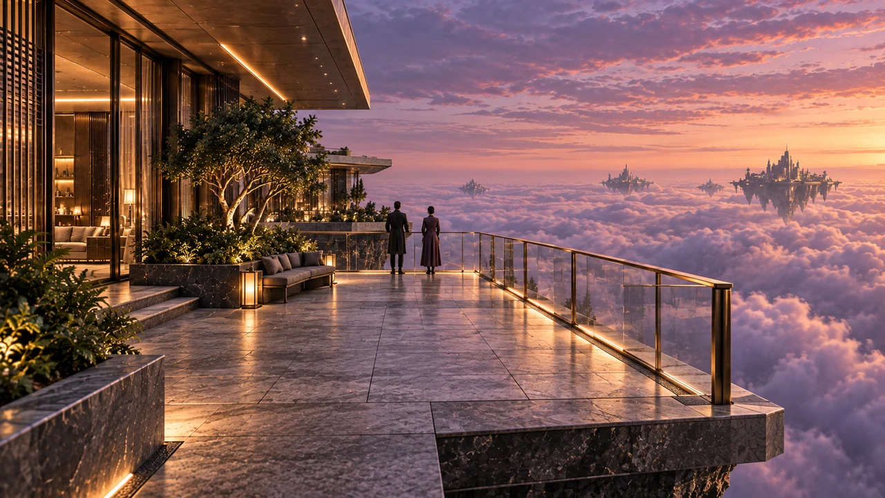 Two visitors stand on the rectangular belvedere beneath the edge of the broad roof. Glass balustrades leave an uninterrupted view across the southern clouds.