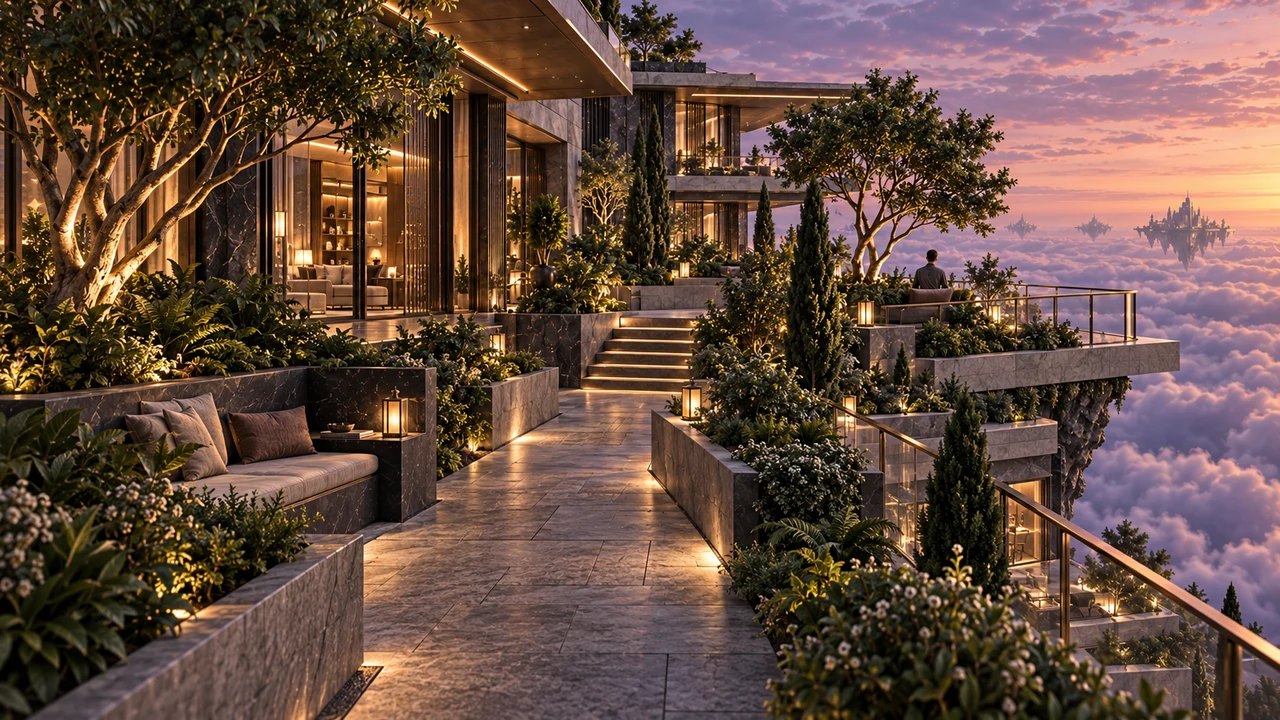 Linear planting beds follow the connected terraces of the mineral platform. A seated visitor pauses beside the walkway, with the cloud sea beyond the garden edge.