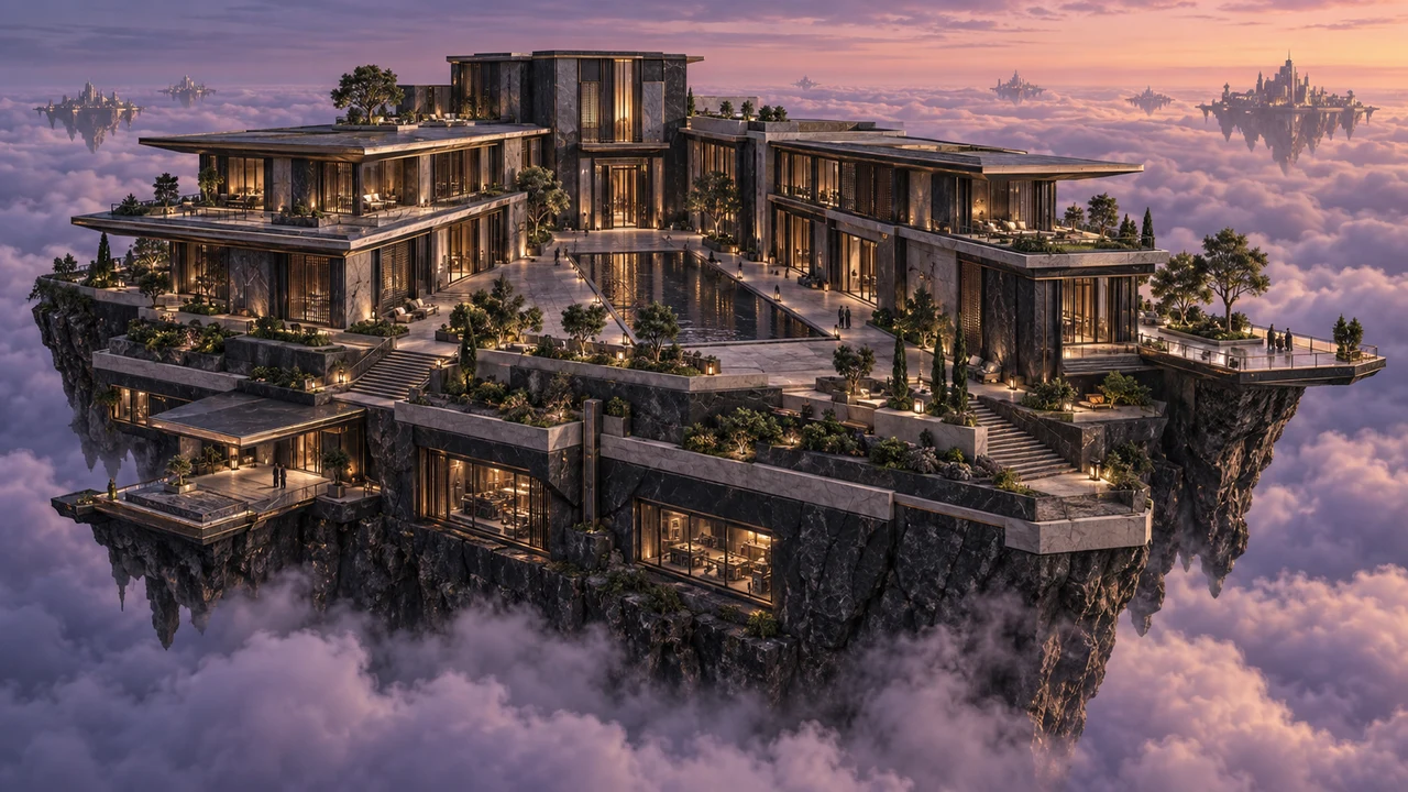 Two long stepped wings gather around a reflecting court on a private mineral platform above Auralith’s southern approach. Planted terraces and a projecting belvedere open onto the lavender-grey clouds.