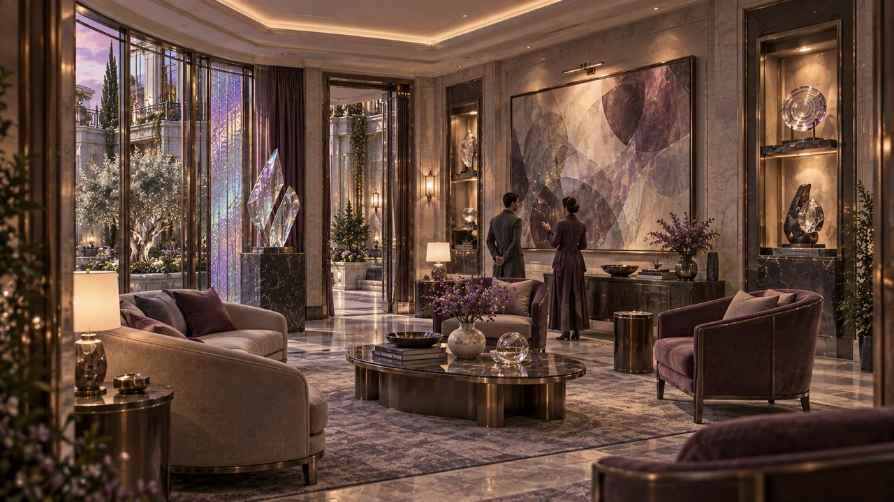Two visitors pause among plum and pearl seating, abstract artwork and a folded glass sculpture. The salon brings a small collection into the intimate setting of the house.