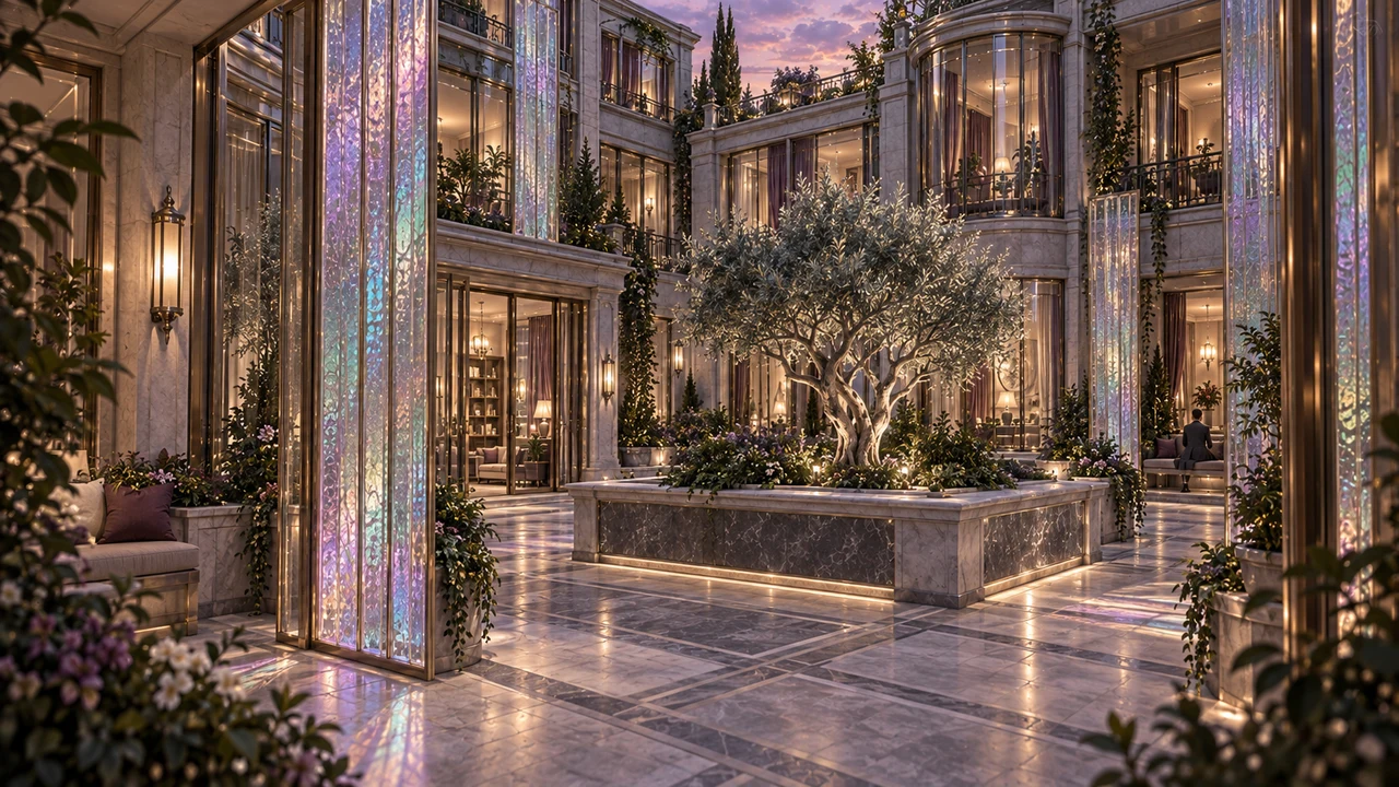 A silver-leaved tree anchors the elevated open court. Iridescent screens catch restrained violet and jade reflections between pale stone, glass and domestic galleries.