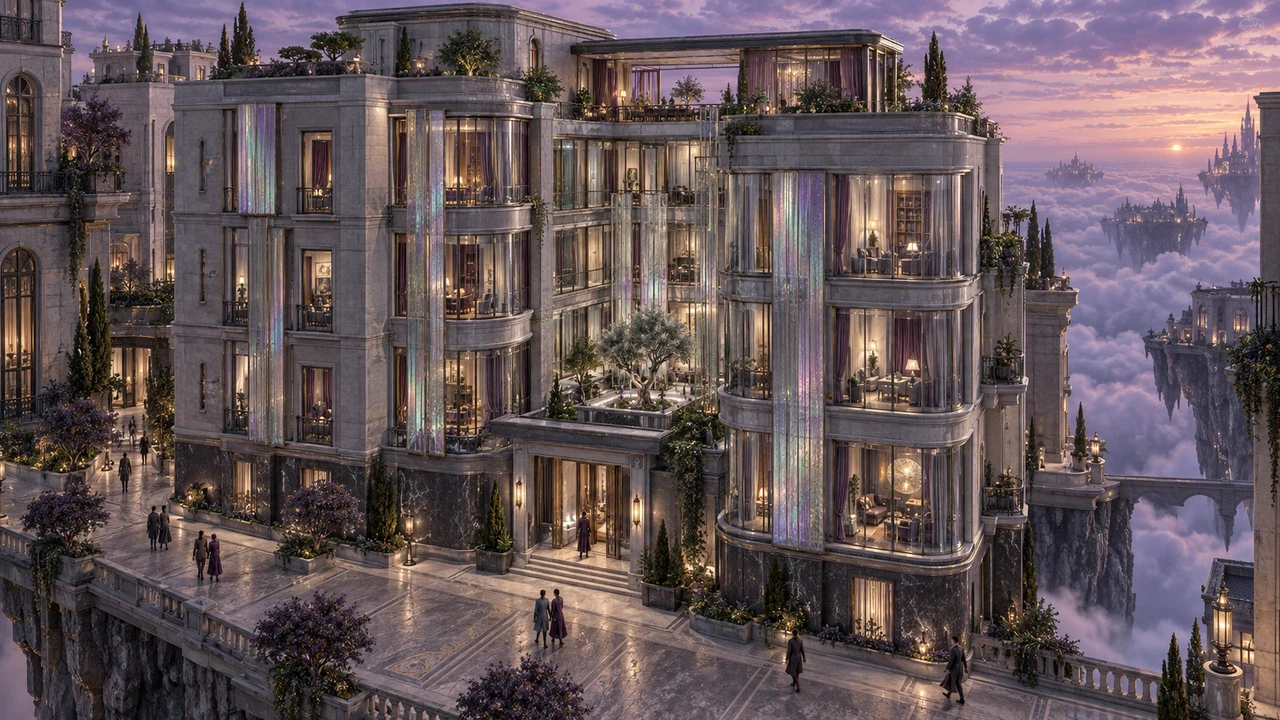 Stepped pearl-grey volumes and rounded glazed corners rise from the urban promenade. A planted court sits above the low entrance pavilion, while an illuminated upper terrace looks across Auralith.