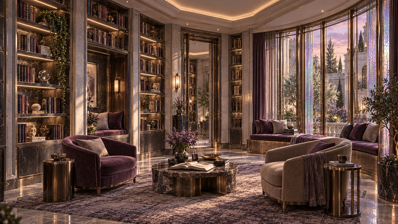 Built-in shelves and sheltered reading niches follow the inner library toward a curved bay window. Plum upholstery and diffused light make a quiet place to read.